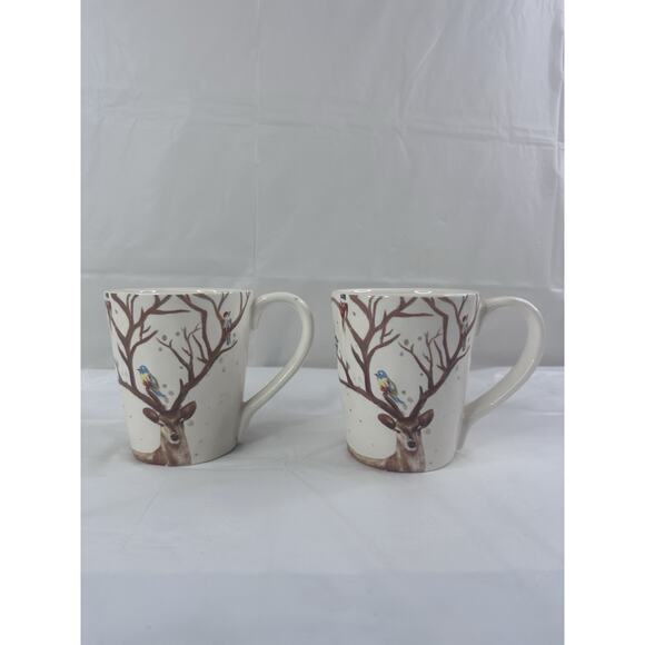 Pier 1 Imports Alexander ironstone Deer Birds Set Of 2 Coffee Tea Mugs Winter - Picture 2 of 7